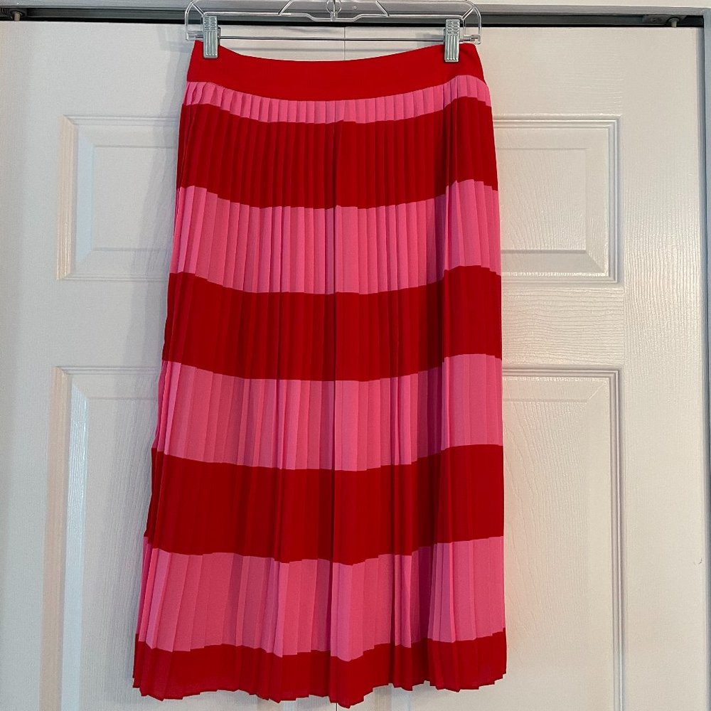 NWT J. Crew Pleated Pink & Red Striped Midi Skirt